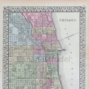 1867 Antike Mitchell Stadt Karte von Chicago, Illinois - Seltene Handkolorierte Karte