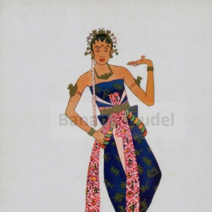 May include: A woman in a blue and pink patterned dress with a flower crown on her head. She is in a dance pose with her arms outstretched. The text "SRIMPI. 12. Sekar soewoen." is below the image.