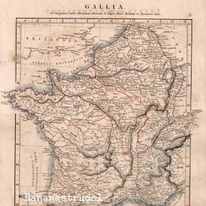 Carte ancienne de la Gaule de 1828 - Gallia - Carte de forgeron colorée à la main