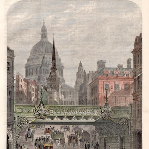 Antique Print of Ludgate Hill, London - Saint Paul&#39;s - Railway Bridge - Published November 14, 1863