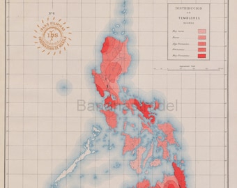 1900 Rare Antique Earthquake Map of the Philippines - Distribution of Tremors - Map 6