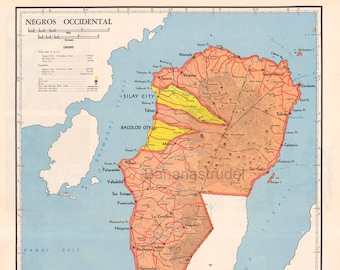 Negros Occidental, Philippines - RARE Large Vintage 1959 Map - Bacolod City - Silay City - Sipalay - Kabankalan - Cadiz - San Carlos