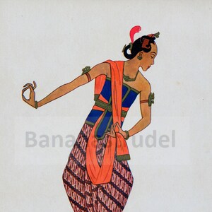 May include: A woman in a traditional Indonesian dance costume. She is wearing a red and blue patterned sarong, a blue top, and a red scarf. She is holding her left hand up in a gesture of prayer. The text "SRIMPI. 9. Sampir sampoer." is printed below the image.