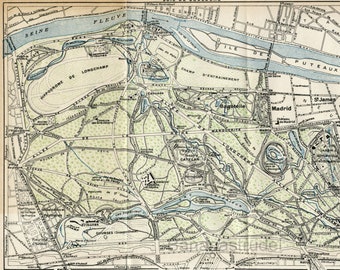 1929 Antique Map of Bois de Boulogne, Paris, France. - Urban Forest