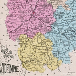 Carte ancienne de 1883 coloriée à la main du département de la Vienne, France - Potiers