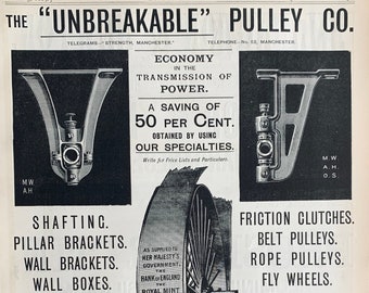 1889 Rare Antique Advertisement for the Unbreakable Pulley / Beautiful Graphics / Font