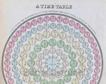 1867 Antique Print - A Time Table - Time Differences between Principal Cities of the World - Distance  from Washington, DC