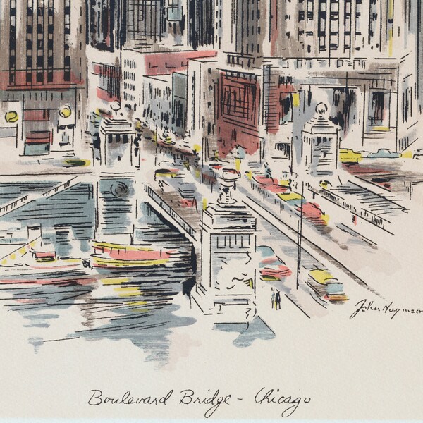 Estampado vintage de John Haymson Acuarela - Boulevard Bridge, Chicago