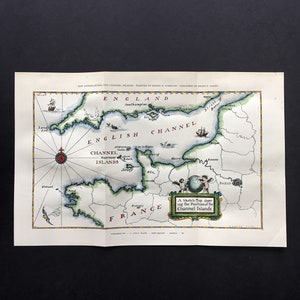 Carte ancienne rare coloriée à la main des îles anglo-normandes de 1904 - Royaume-Uni - Manche Grande-Bretagne - Cadeau unique