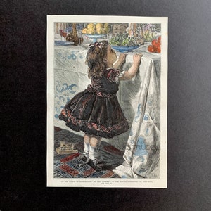 1866 Antique Wood Engraving - Handcoloured - On the Tiptoe of Expectation - Illustrated London News - Little Girl Bedroom Decor