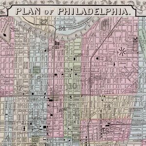 1867 ancien plan de la ville de Philadelphie Mitchell Mitchell - carte colorée à la main rare