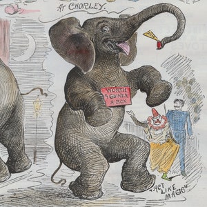 May include: A vintage-style ink and watercolor illustration featuring a grey elephant standing on its hind legs. The elephant holds a small red container labeled PILLS in its trunk and wears a sign reading WORTH A GUINEA A BOX. A clown and a man stand nearby.