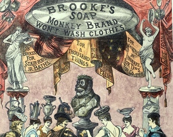 1890 Handcoloured Antique Advertisement Brooke's Soap - Monkey Brand - Dancing - Pots and Pans - Matted Print -  Available Framed