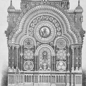 May include: A detailed black and white illustration of a large, ornate clock for the Cathedral of Beauvais. The clock is designed in a gothic style with intricate details and multiple dials.