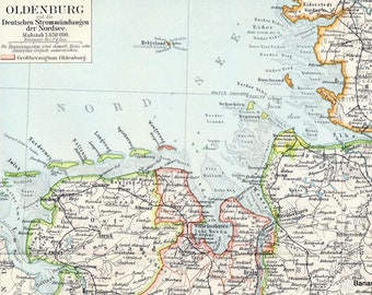 1895 German Antique Map of Oldenburg and the German Mouth of the North Sea