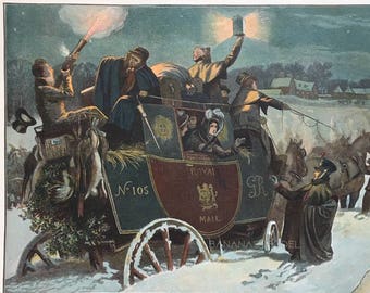 1889 Large Rare Antique Victorian Colour Print of Carriage in a Winter Scene - Snowed Up on Christmas Eve  - Appeals for Help