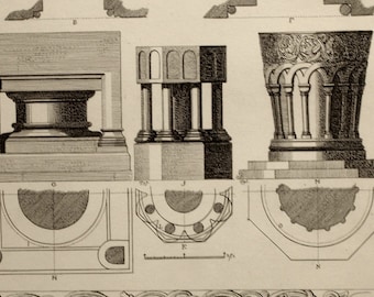 1845 Antique Print of Baptismal Fonts - Large Vintage Print - Plate 20