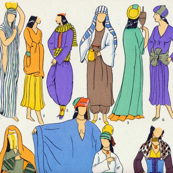 1925 French Art Deco Handcoloured Pochoir Print on Women's Fashions in Modern Egypt. Plate 5 Handcolored