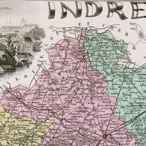 1883 Antike Karte von Indre, Frankreich - Vintage illustrierte Karte - handkoloriert - Chateauroux