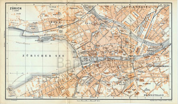 1897年製チューリッヒ（スイス）のアンティーク地図 - ヴィンテージ