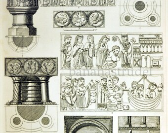 Large Antique Engraving of Holy Water Basins - Fonts - Plate 32 - 1845 Vintage Print - British Architectural Gems