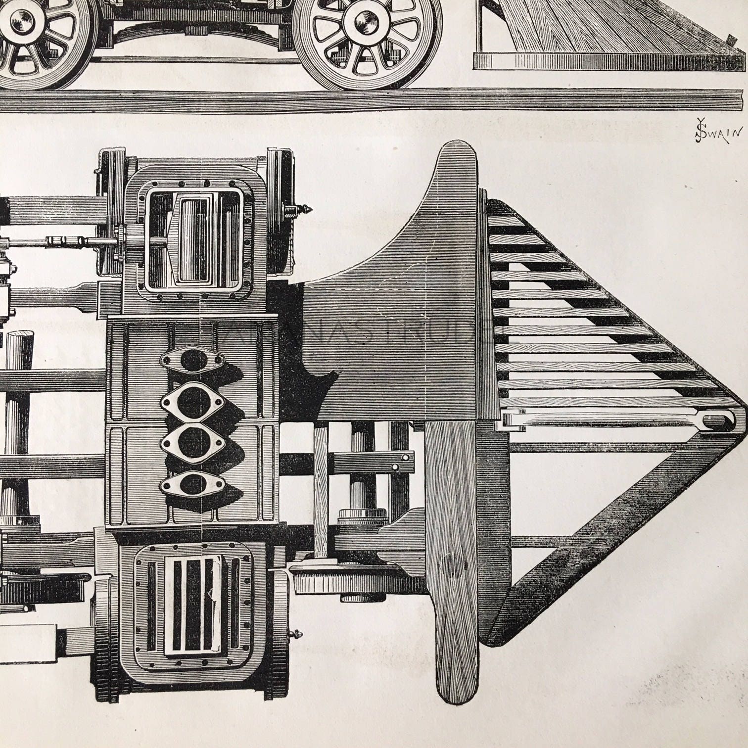 1872 Large Antique Engraving of Ten Wheel Goods Engine