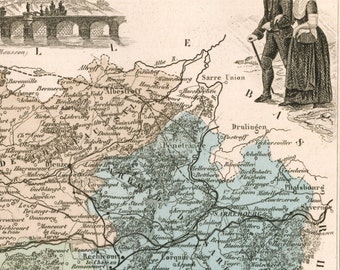 1883年 フランス、ムルト県のアンティーク地図 - 手彩色