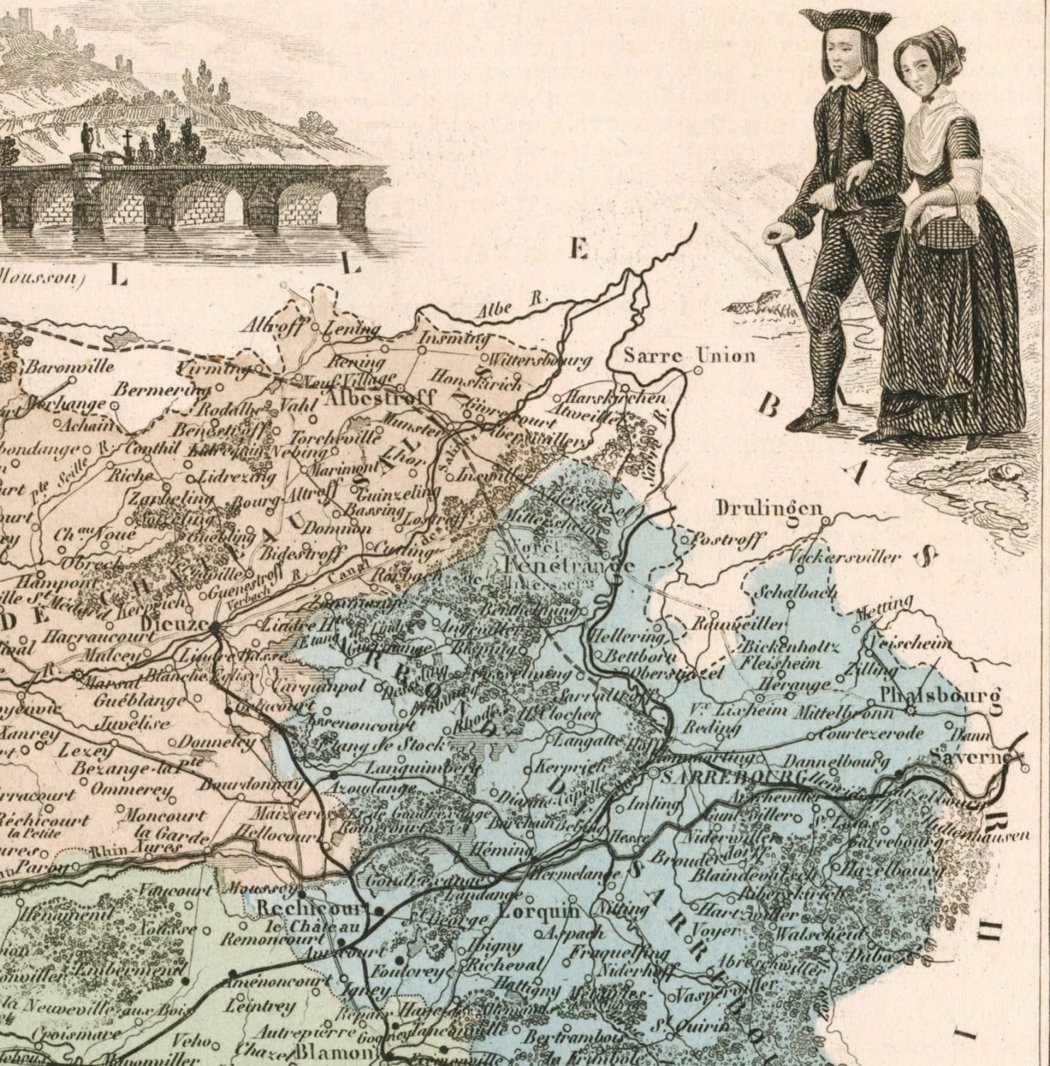 1883年 フランス、ムルト県のアンティーク地図 - 手彩色