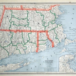 Antike Karte von Massachusetts, Rhode Island und Conneticut - veröffentlicht 1883