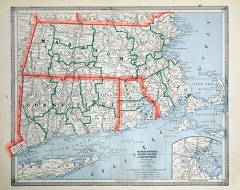 Mapa antiguo de Massachusetts, Rhode Island y Connecticut - Publicado en 1883