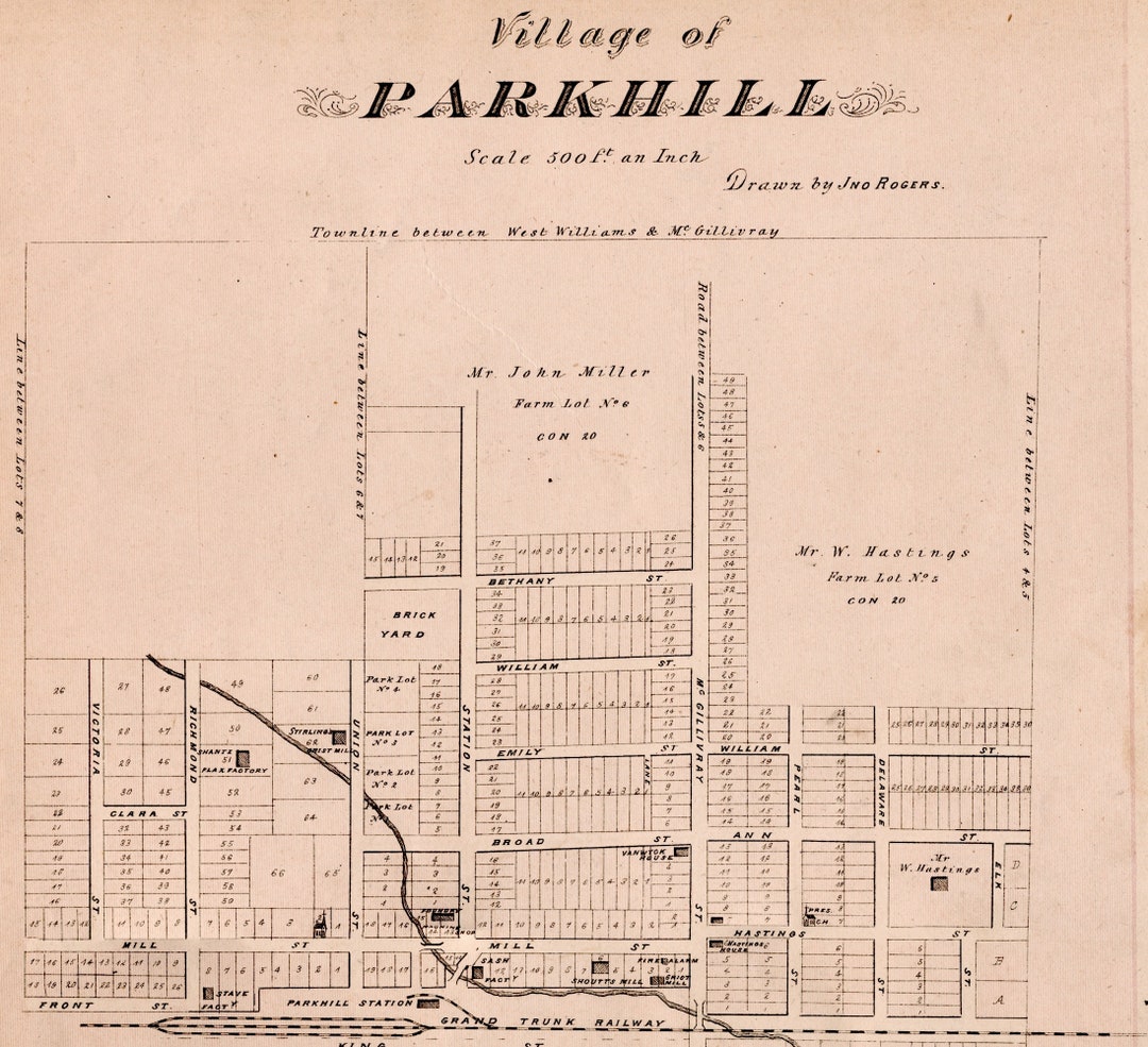 Rare Antique Map of Parkhill Middlesex County Ontario Village of
