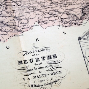 Ancienne carte de la Meurthe, France - avec médaillon de Nancy - coloriée à la main - carte vintage française des années 1800