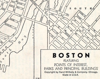 Vintage Boston, Massachusetts - antyczna mapa z 1942 r. - czarno-biała mapa miasta