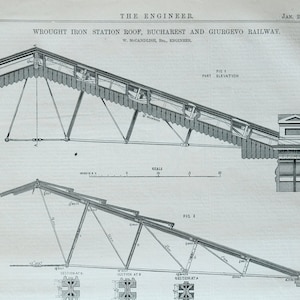 May include: A black and white technical drawing of a wrought iron station roof for the Bucharest and Giurgevo Railway. The drawing shows a side view of the roof with details of the construction. The drawing is labeled "Fig. 1 Part Elevation" and "Fig. 2".