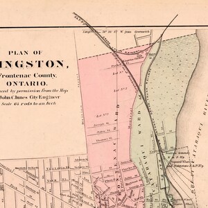 Carte ancienne rare de 1875 de Kingston, Ontario, Canada - carte des rues de Kingston colorée à la main vintage - LDN