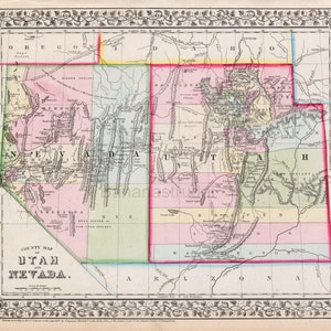 Ancienne carte Mitchell de l'Utah et du Nevada de 1867 - carte coloriée à la main rare