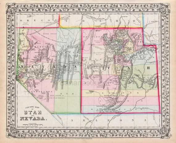 1867 年アンティーク ミッチェル地図 (ユタ州とネバダ州) - 珍しい手