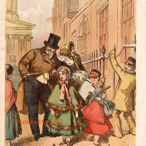Coming from Church on Christmas Morning - Large Rare Antique 1855 Victorian Colour Lithograph Print