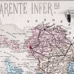 1883 Antike Karte von Charente Inférieure, Frankreich - Marseille - Vintage illustrierte Karte - handkoloriert - handkoloriert von mir Decor