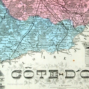 Ancienne carte de la Côte d'Or, France de 1883 - coloriée à la main - carte illustrée vintage - décoration d'intérieur
