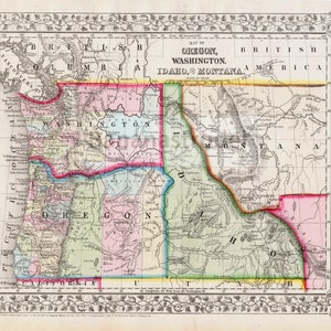 1867 Antike handkolorierte Mitchell Karte von Oregon, Washington, Idaho und einem Teil von Montana