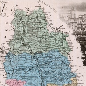 Ancienne carte de la Meuse, France - Bar-le-Duc - carte illustrée de 1883 - coloriée à la main - carte vintage - décoration d'intérieur