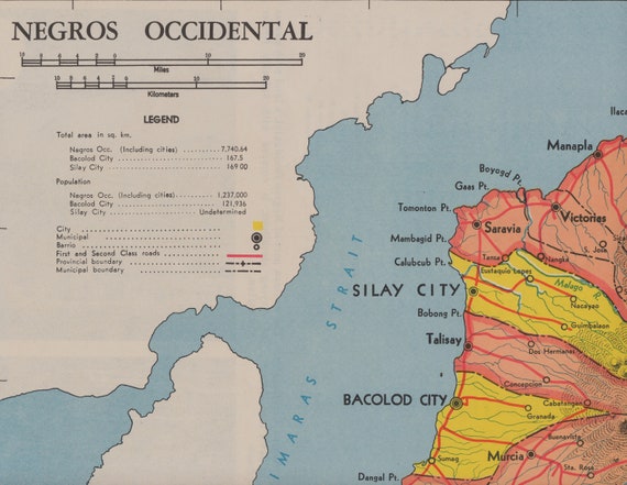 Negros Occidental, Philippines RARE Large Vintage 1959 Map Bacolod City  Silay City Sipalay Kabankalan Cadiz San Carlos -  Canada