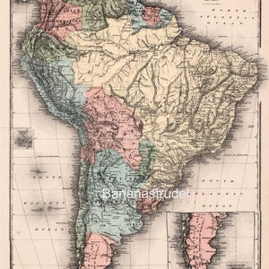 Ancienne carte de 1880 coloriée à la main de l'Amérique du Sud - Brésil - Argentine - Bolivie - Chili - Pérou - Venezuela - Colombie - Guyane