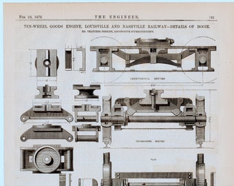 Antique Print of a Ten-Wheel Goods Engine - Louisville and Nashville Railway - Details of Bogie - February 23, 1872 Technical Drawing