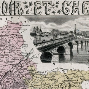 1883 Antike Karte von Loir-et-Cher, Frankreich - Blois - Vintage illustrierte Karte - handgefärbt - Wohnkultur