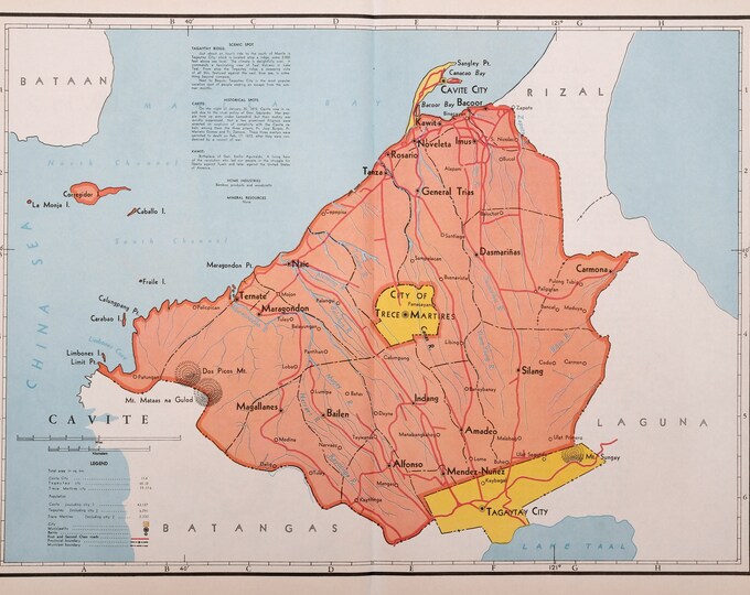 1959 Large Rare Vintage Map of Cavite, the Philippines Bacoor Trece Martires Tagaytay Bailen