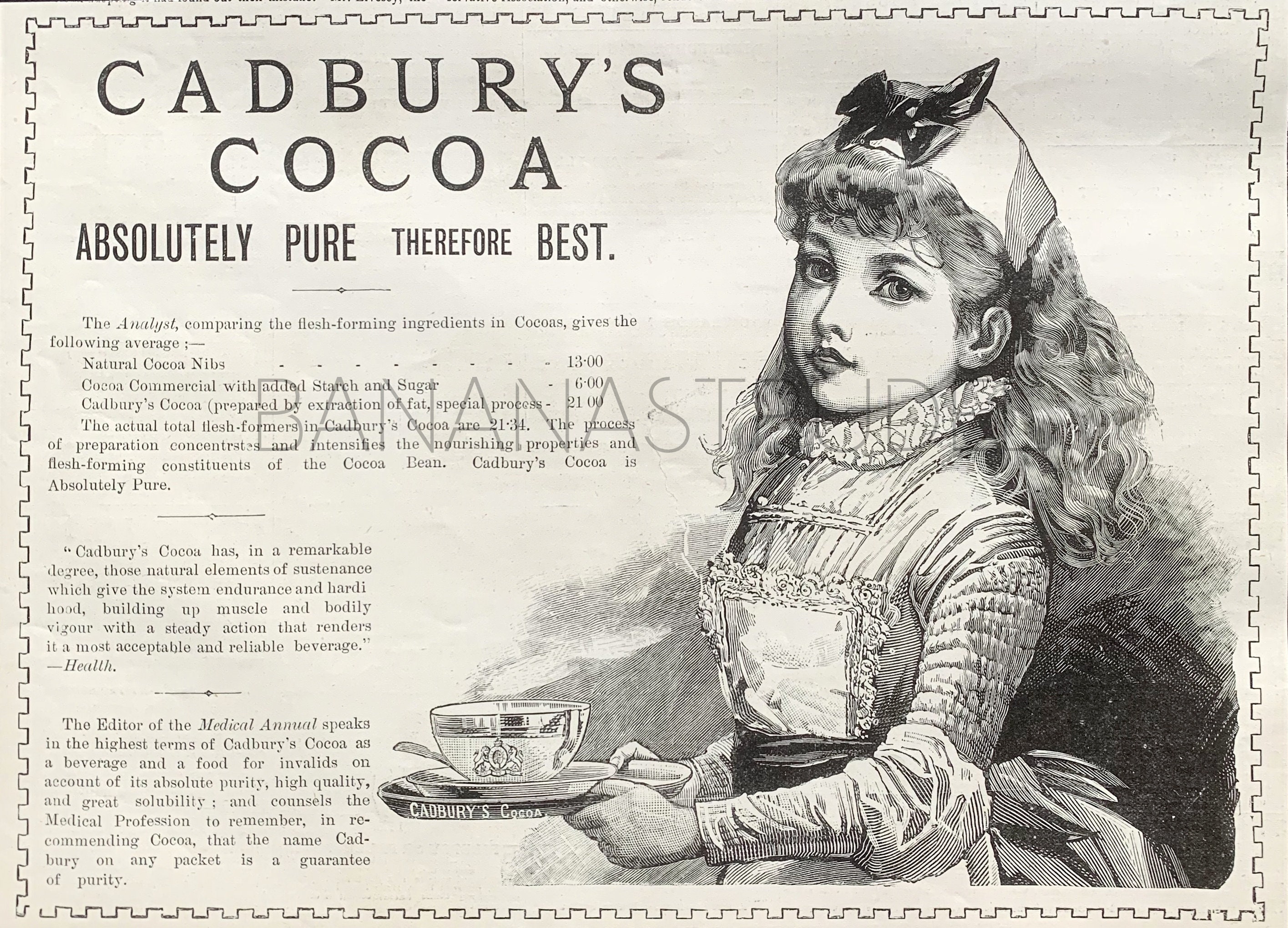 cocoa*ページ Antique Cadbury Cocoa Advertisement Wood Engraving - Child Serving