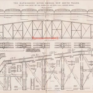 Large Antique Print of the Hawkesbury River Bridge, New South Wales, Australia - 2-panel Technical Print - February 25, 1887