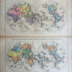 1912 Antique World Map of Races and Religions - World in Hemispheres